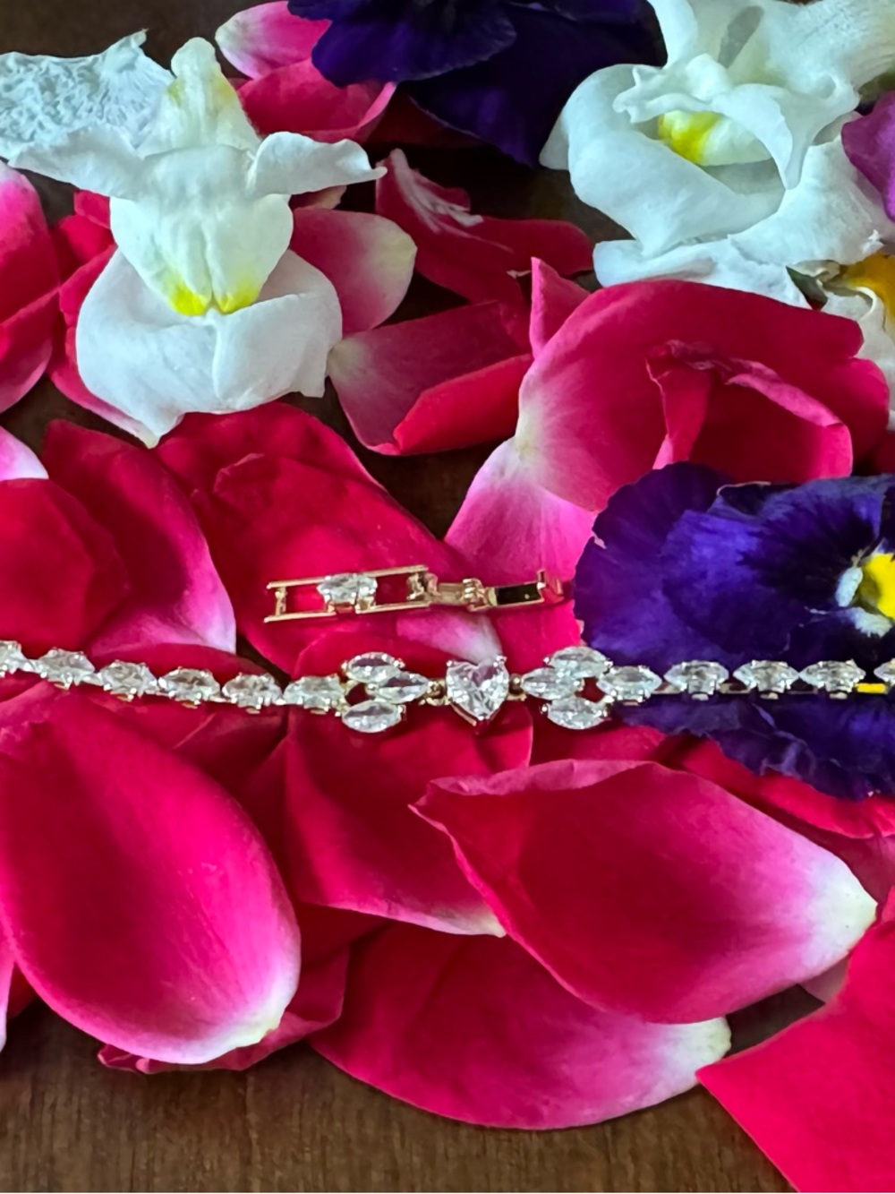 Gold Crystal Tennis Bracelet with Heart Center Stone With Crystal Extender - Picture 7 of 8